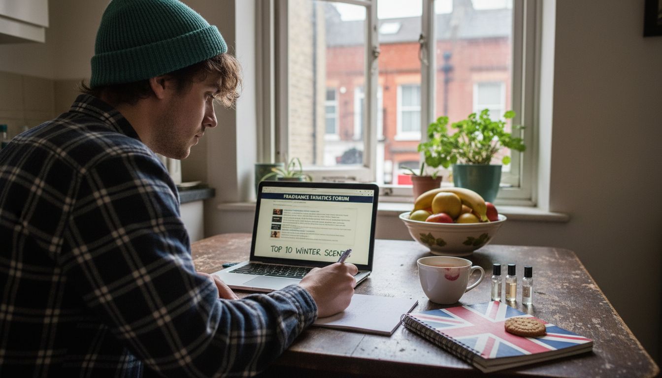 Man researching perfume dupes at table
