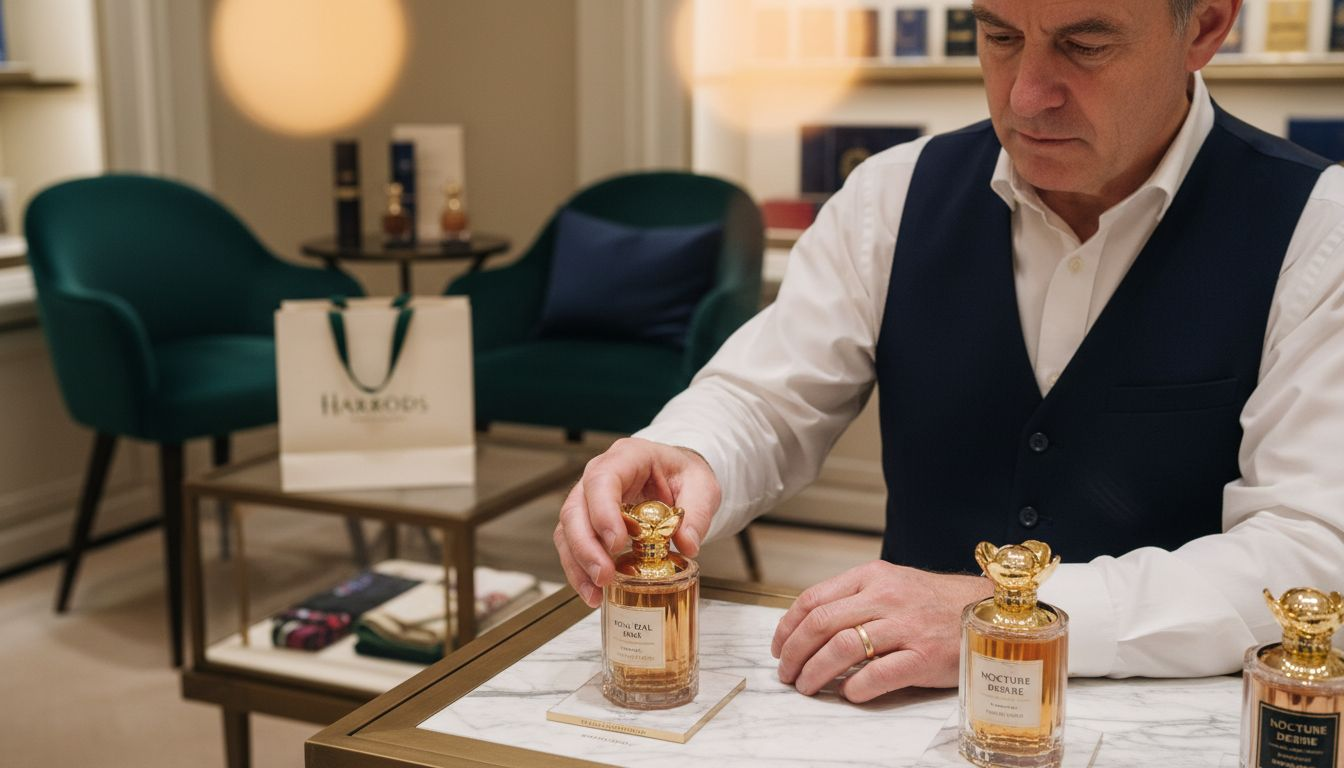 Sales associate arranging designer perfume bottles