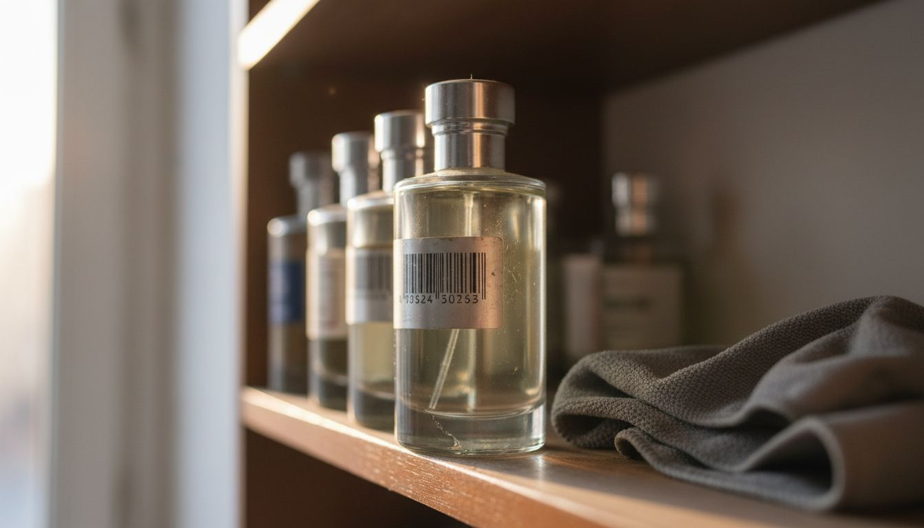 Nahaufnahme einer Parfümprobe mit schlichtem Etikett