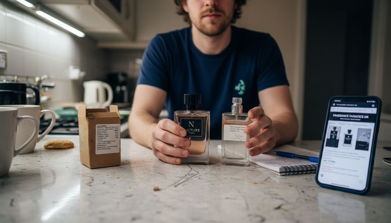 Man reviews original versus dupe perfume bottles