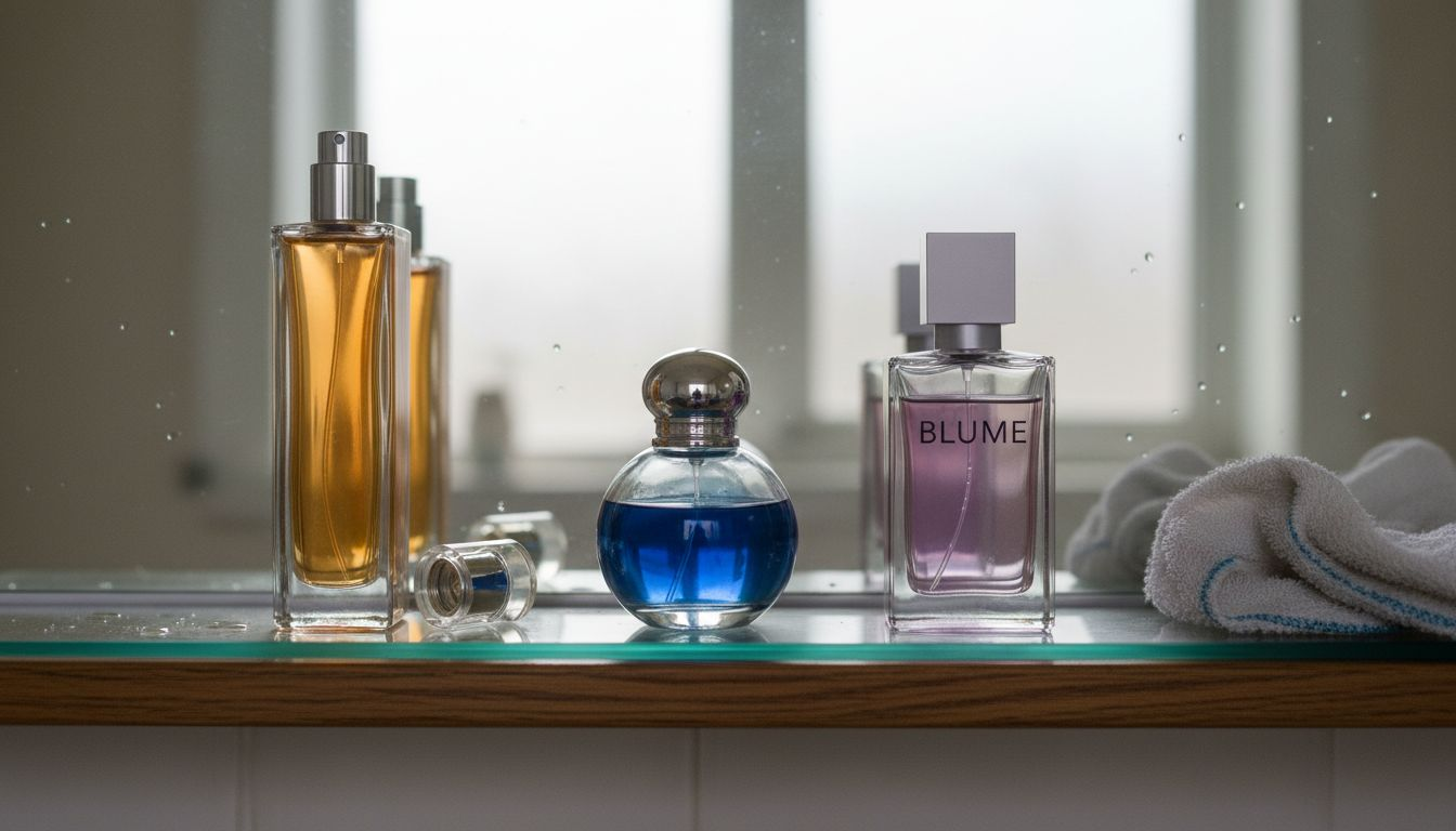 Auf dem Regal stehen zahlreiche Parfümflakons dicht an dicht durcheinander.