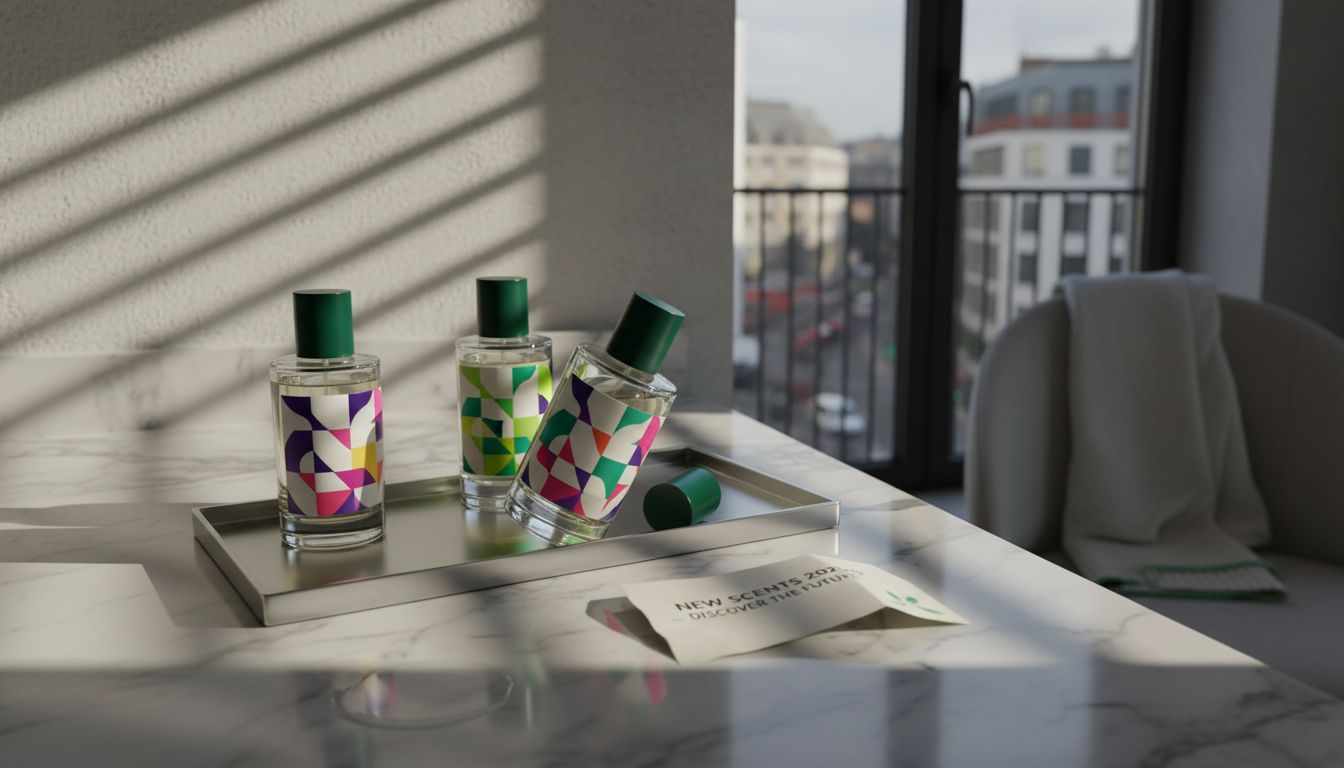 Trendy perfume bottles on marble vanity