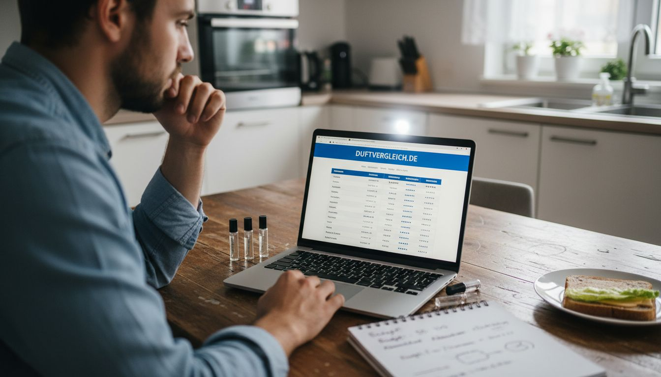 Jemand sitzt gemütlich zu Hause und stöbert online durch verschiedene Parfums, um die passenden Düfte miteinander zu vergleichen.