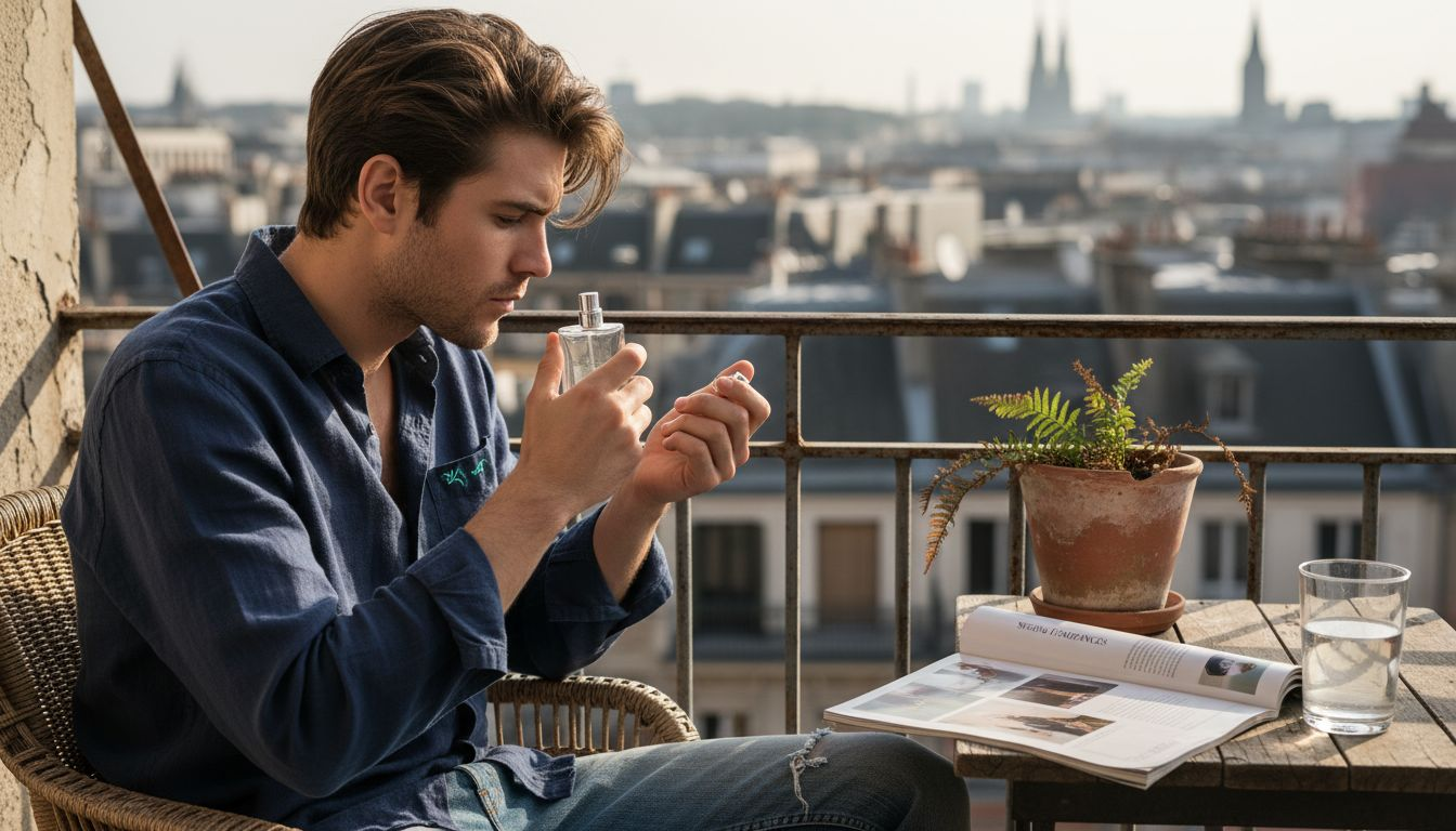 Man testing transparent perfume on balcony