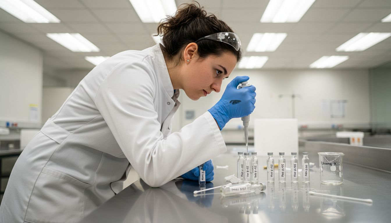 Eine Wissenschaftlerin prüft im Labor die Qualität künstlich hergestellter Duftöle.