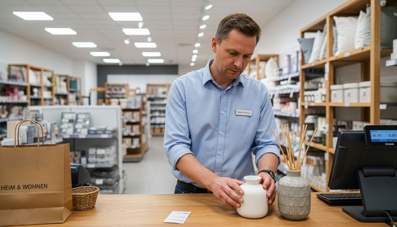 Die Filialleiterin bedient am Tresen einen Raumduftspender.