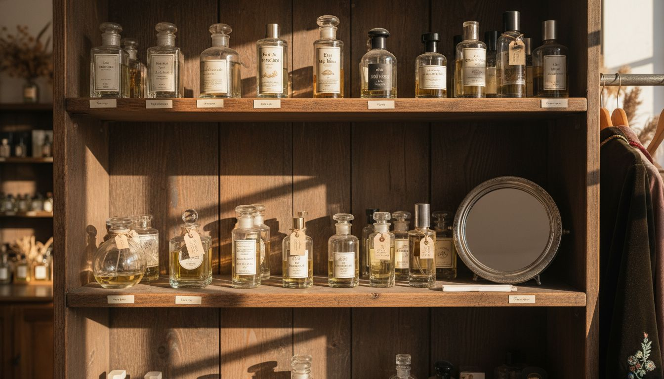 Assorted perfume bottles on perfumery shelf