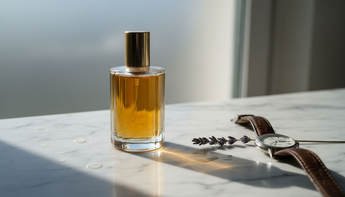 Parfümflakon inszeniert vor alltäglichen Bad-Accessoires