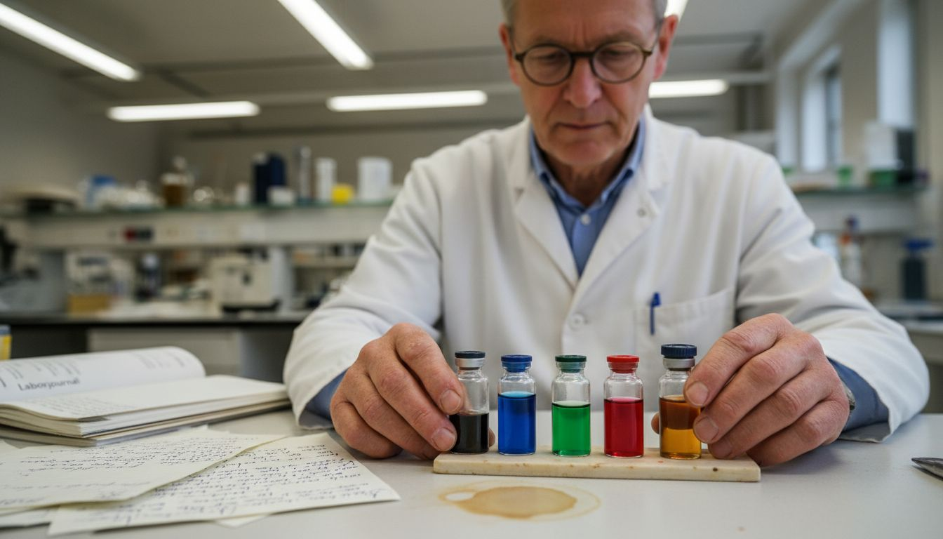 Eine Wissenschaftlerin begutachtet eine Auswahl von Parfümfläschchen.