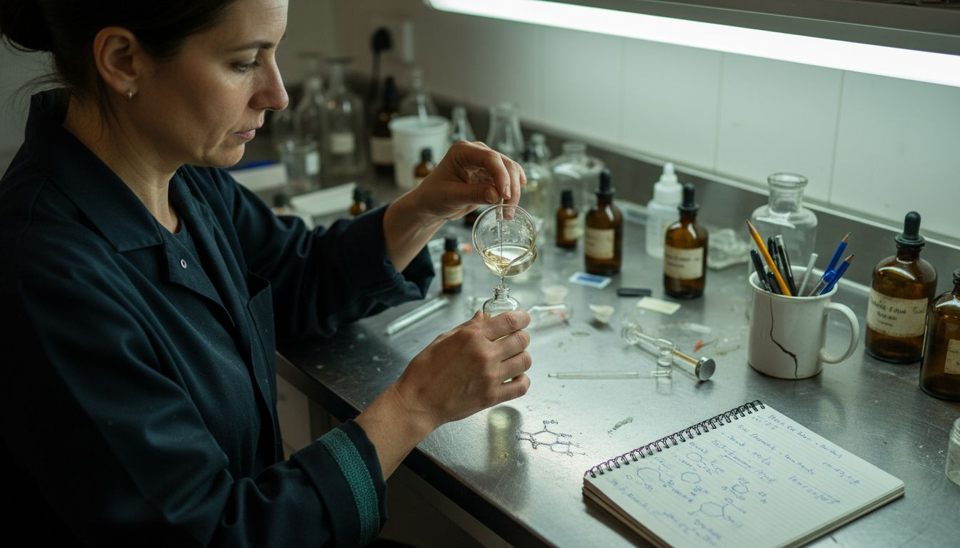Perfumer mixing scents at laboratory bench