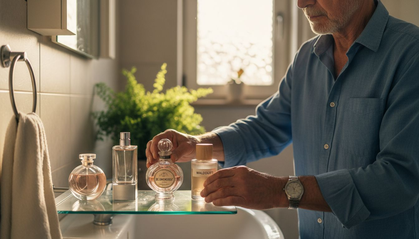 Ein Mann ordnet Parfümflakons nach Duftfamilien.