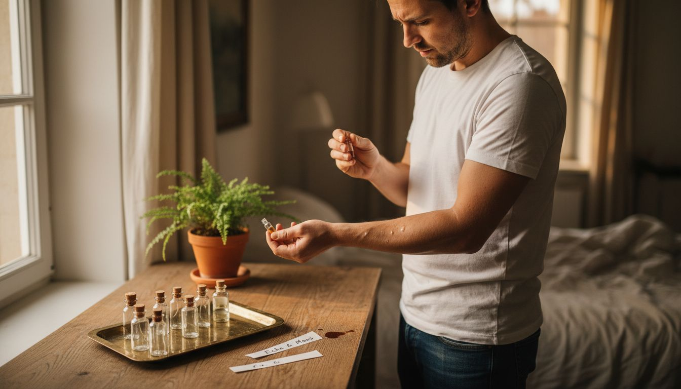 Ein Mann testet verschiedene Parfums, indem er sie auf seinen Unterarm sprüht.