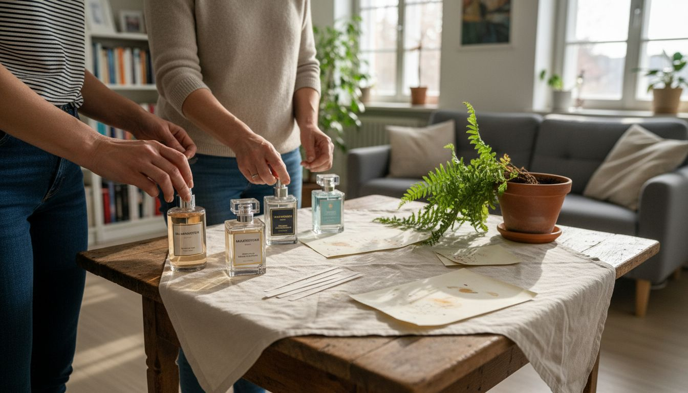 Zu Hause probieren zwei Personen verschiedene Duftmischungen aus.