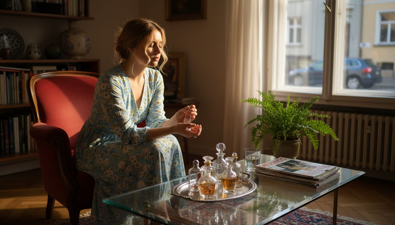 Eine Frau probiert entspannt ein neues Parfüm in ihrem gemütlichen Zuhause aus.