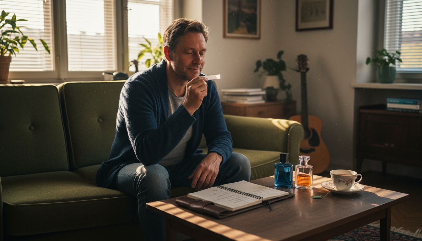 Ein Mann probiert verschiedene Parfümproben bei sich zu Hause aus.