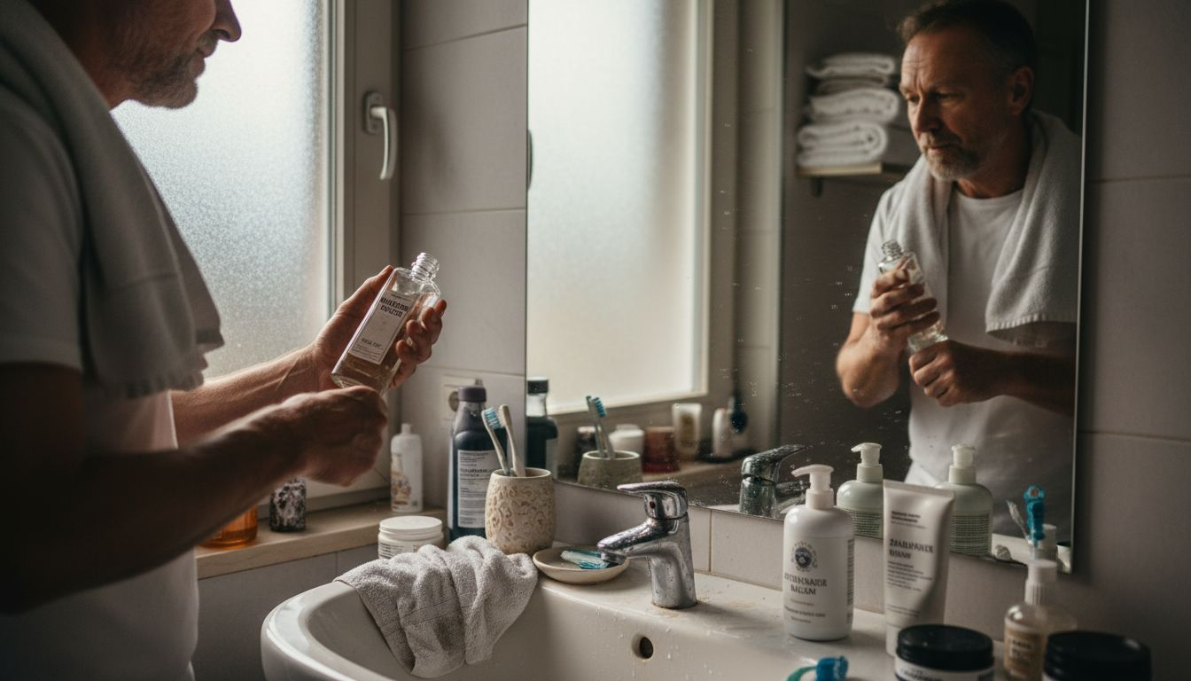 Ein Mann steht am Waschbecken und trägt sein Parfüm auf.