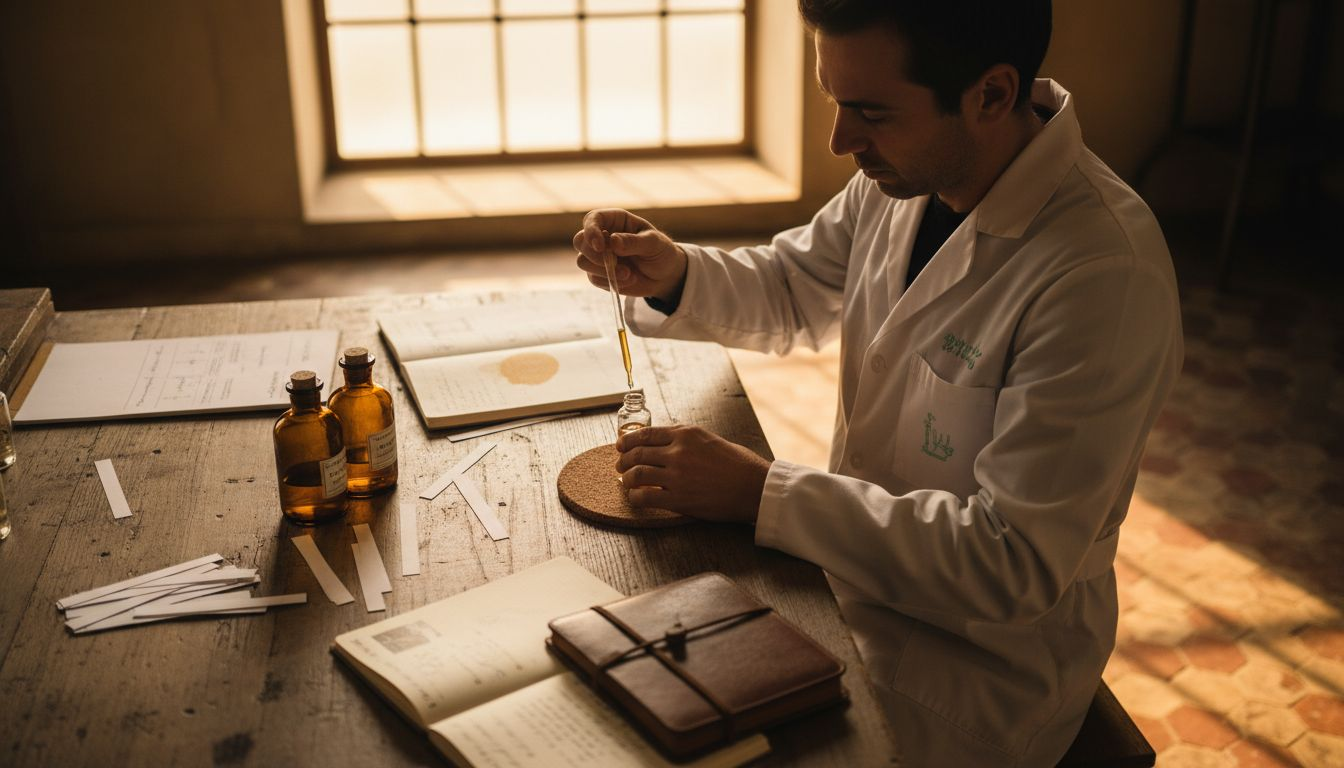 Perfumer blending ingredients at cluttered workshop table