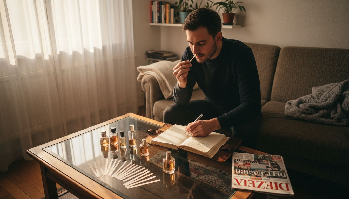 Ein Mann sitzt zu Hause und vergleicht verschiedene Duftproben, indem er an mehreren Parfüm-Teststreifen schnuppert.