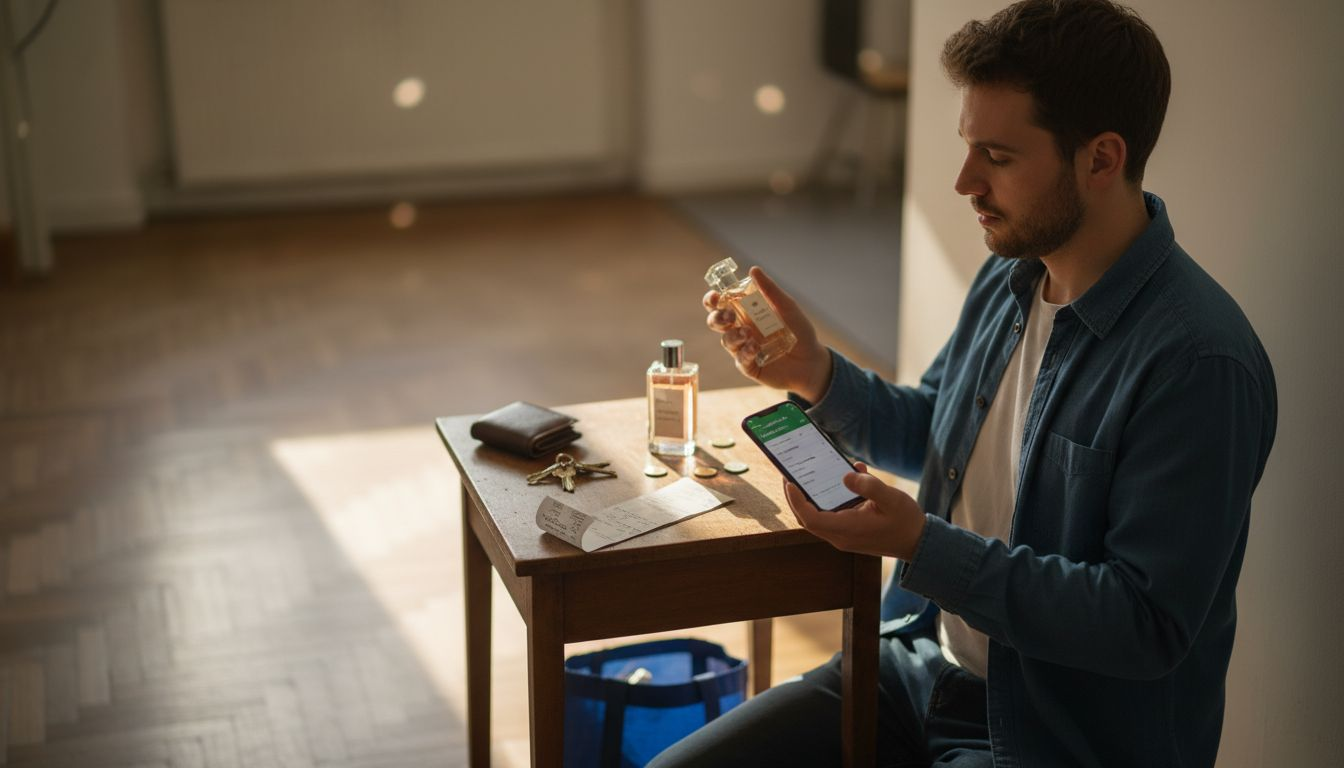 Ein Mann zieht Parallelen zwischen Parfüms und Smartphones.