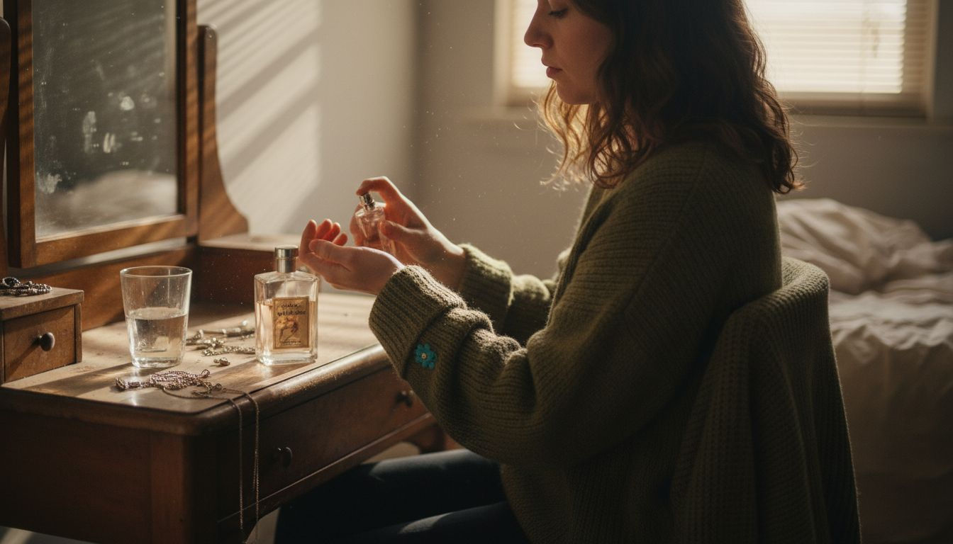 Woman applying parfum to wrist