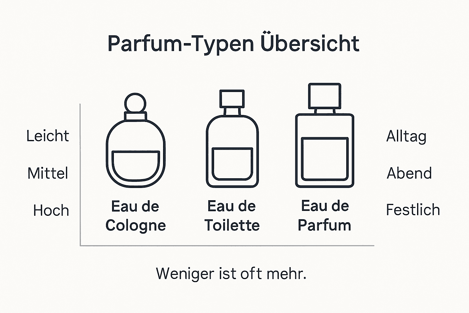 Diese Übersicht veranschaulicht die verschiedenen Parfumarten und ihre Einsatzmöglichkeiten.