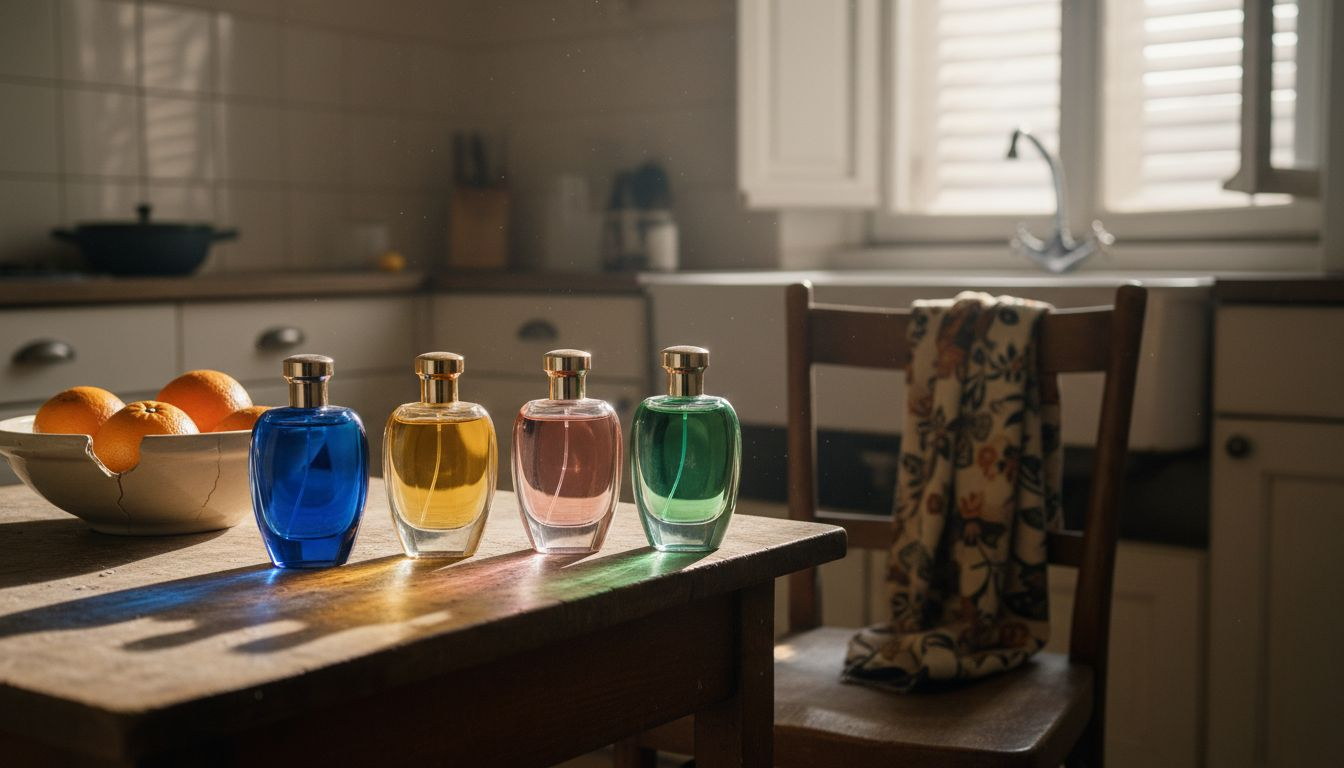 Vier Düfte für jede Jahreszeit – stilvoll arrangiert auf dem Tisch