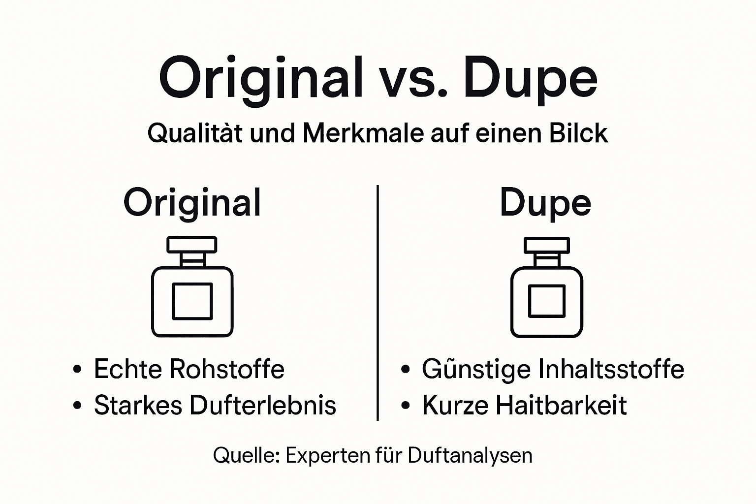 In dieser Infografik werden die wichtigsten Unterschiede zwischen Markenparfums und deren günstigen Duft-Doppelgängern anschaulich dargestellt.