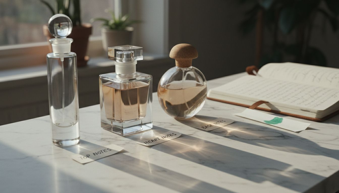 Labeled perfume bottles and fragrance notes