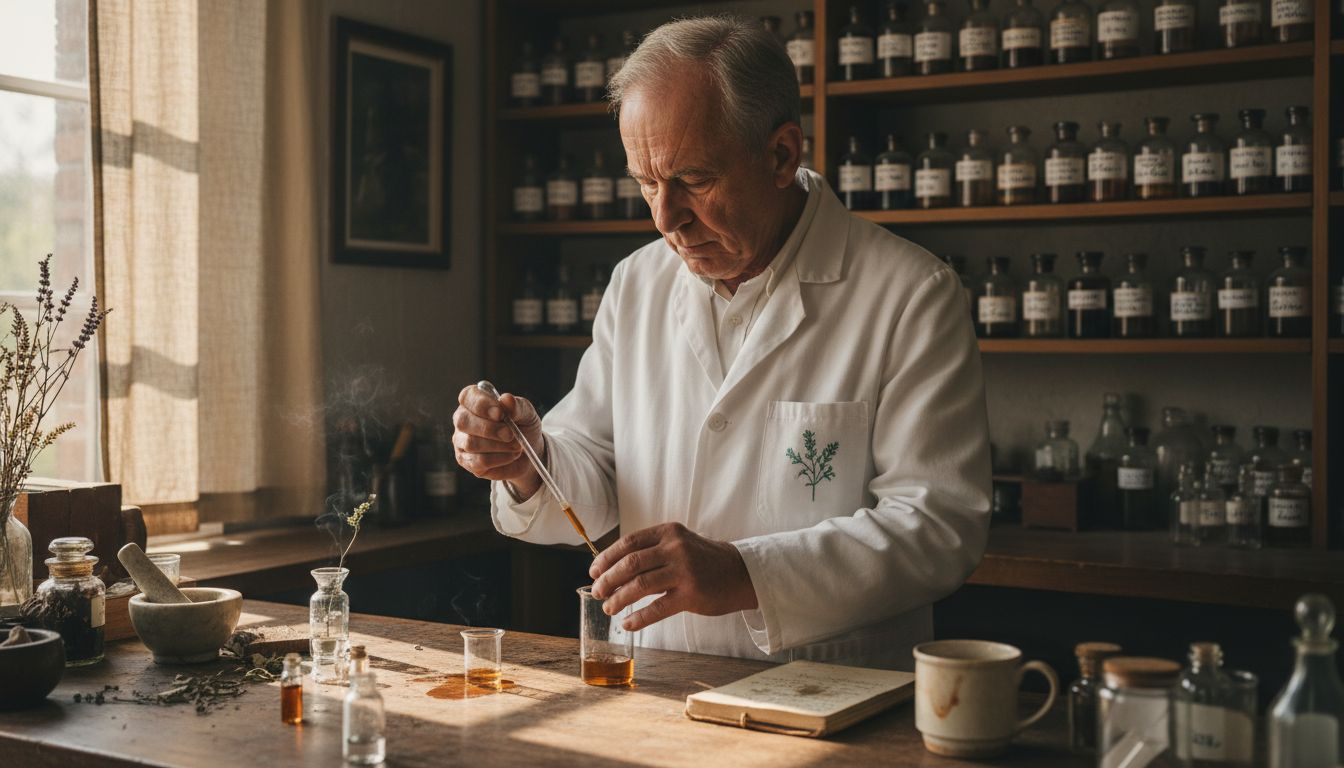 Perfumer blending fragrance at rustic workbench