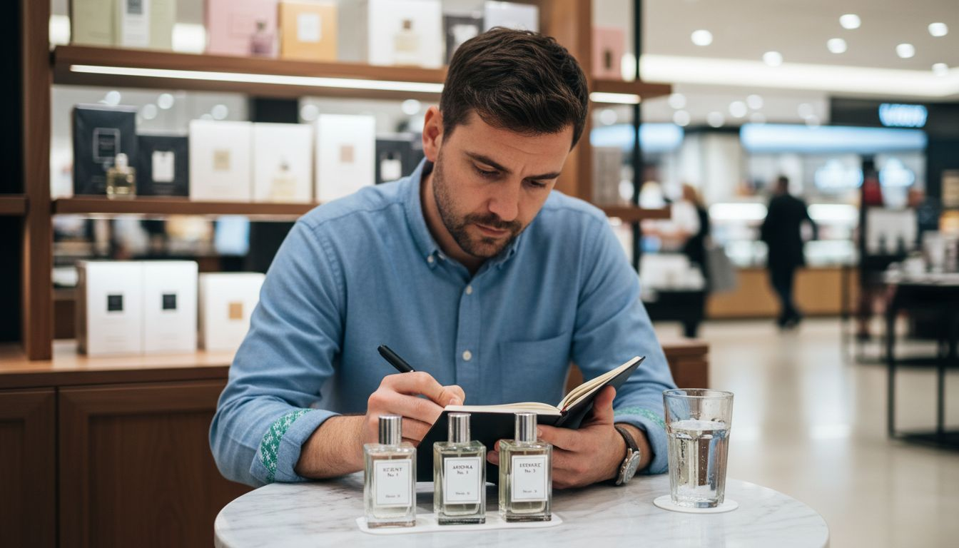 Man comparing fragrance profiles and notes