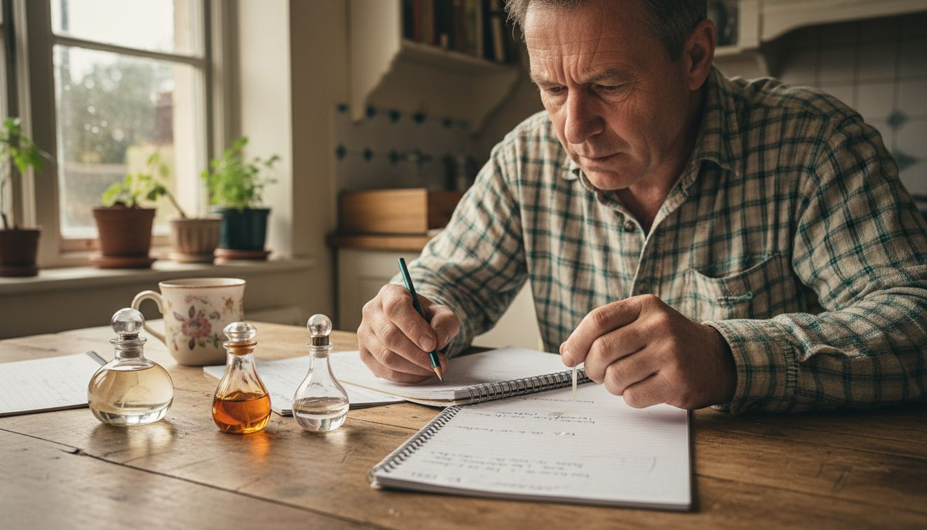 Man analyzing perfume notes at kitchen table