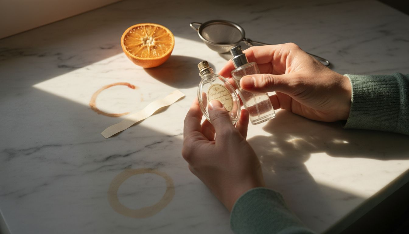 Hands holding perfume spray samples above countertop