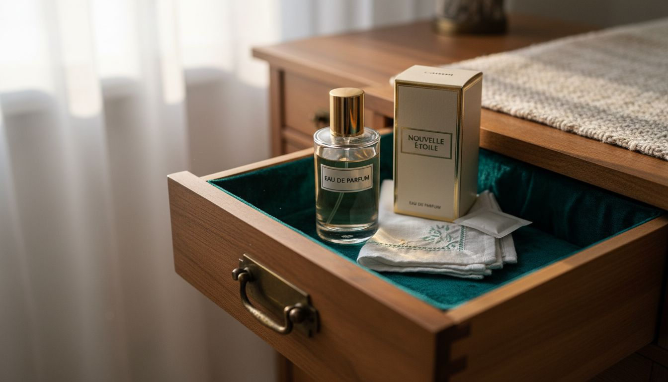 Perfume bottle inside velvet-lined drawer
