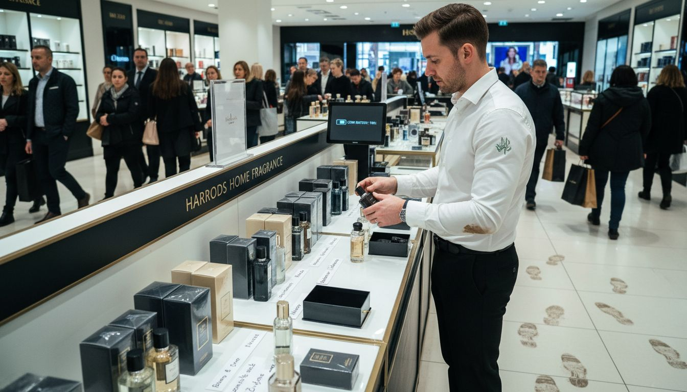 Shop assistant restocking designer perfume counter