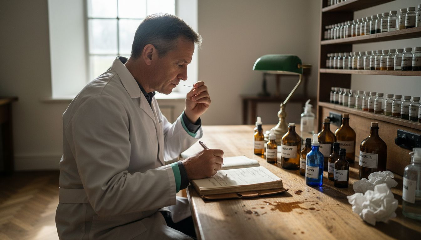 Perfumer analyzing fragrance sample in lab