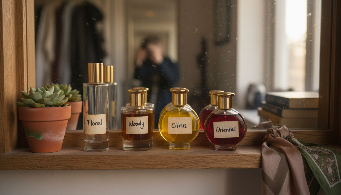 Assorted perfume bottles with scent category cards