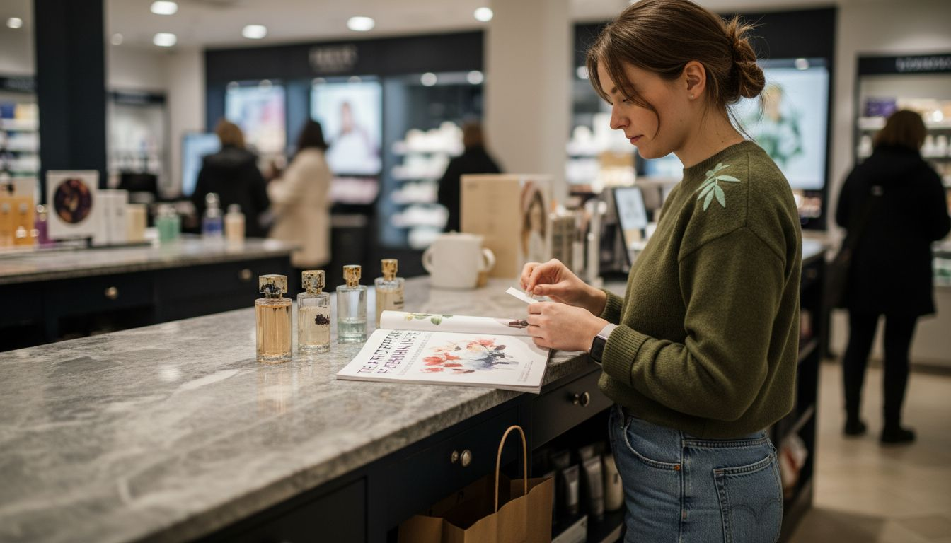 Customer sampling perfume at store counter