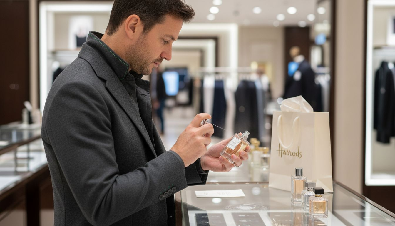 Man sampling cologne at fragrance counter