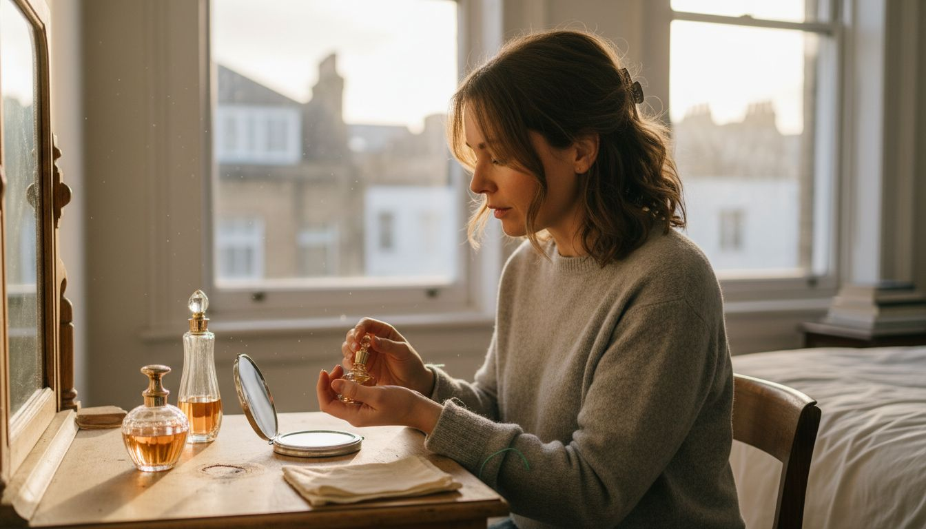 Woman applying extrait de parfum at home