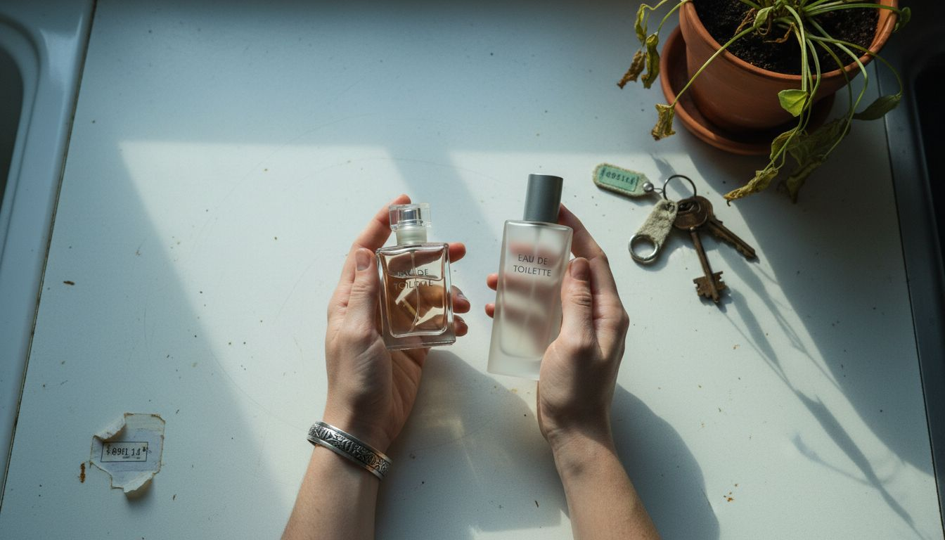 Hands comparing perfume bottle types