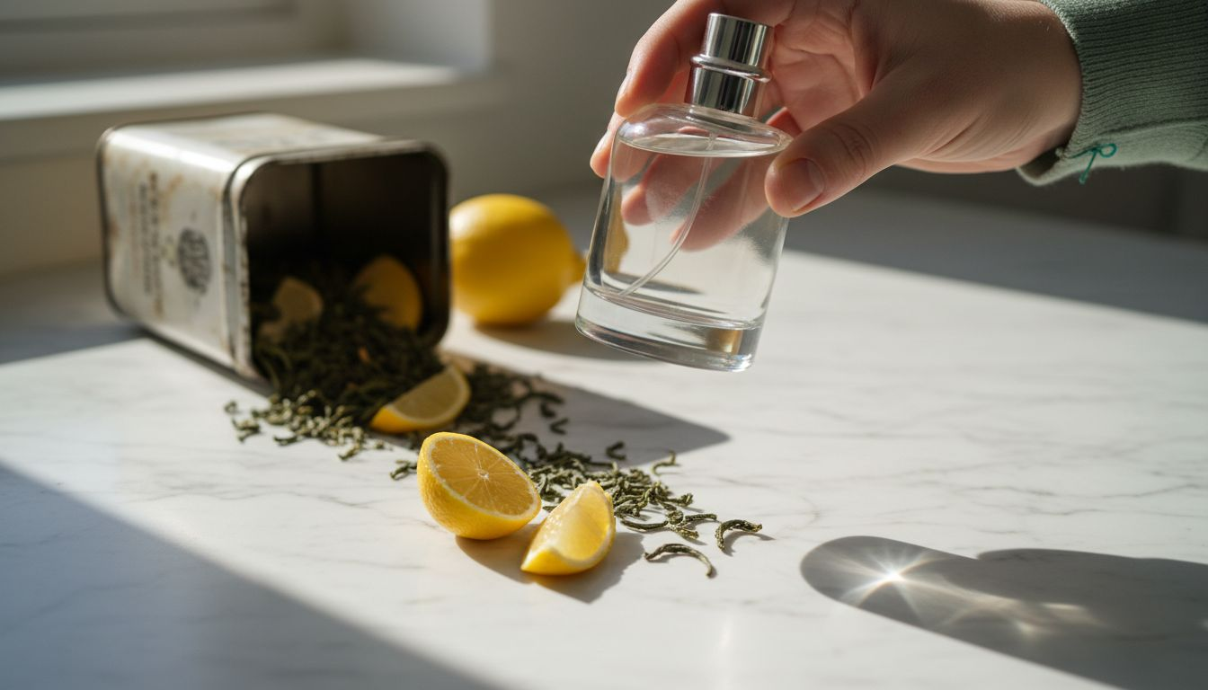 Cologne bottle and fresh ingredients closeup