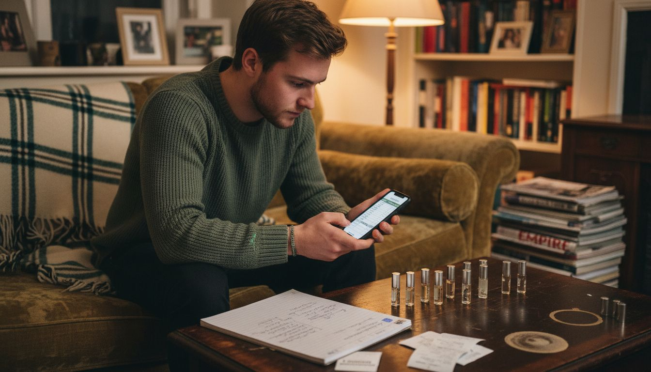 Man reviewing perfume dupe spreadsheet