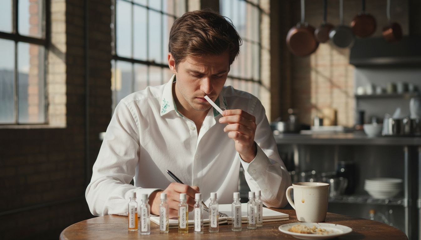 Man testing perfume scents at table