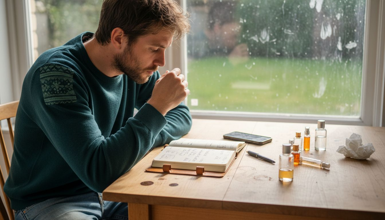 Testing perfume samples and taking notes