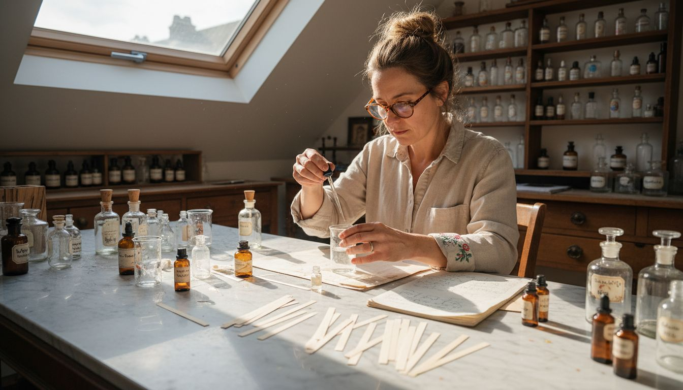 Perfumer blending scents in cluttered studio