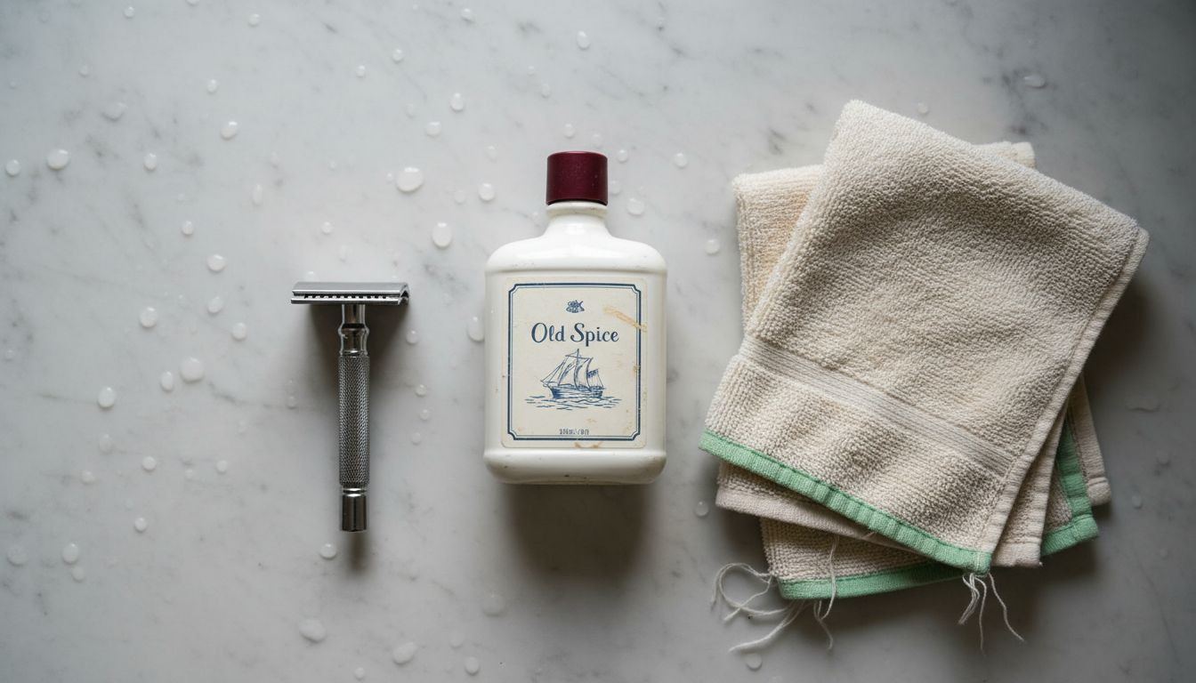 Old Spice bottle with razor and towel overhead view