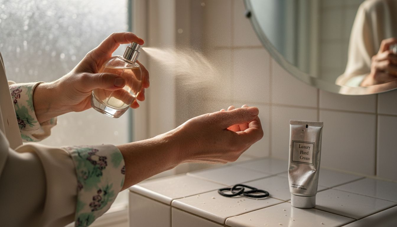 Spraying perfume on wrist closeup
