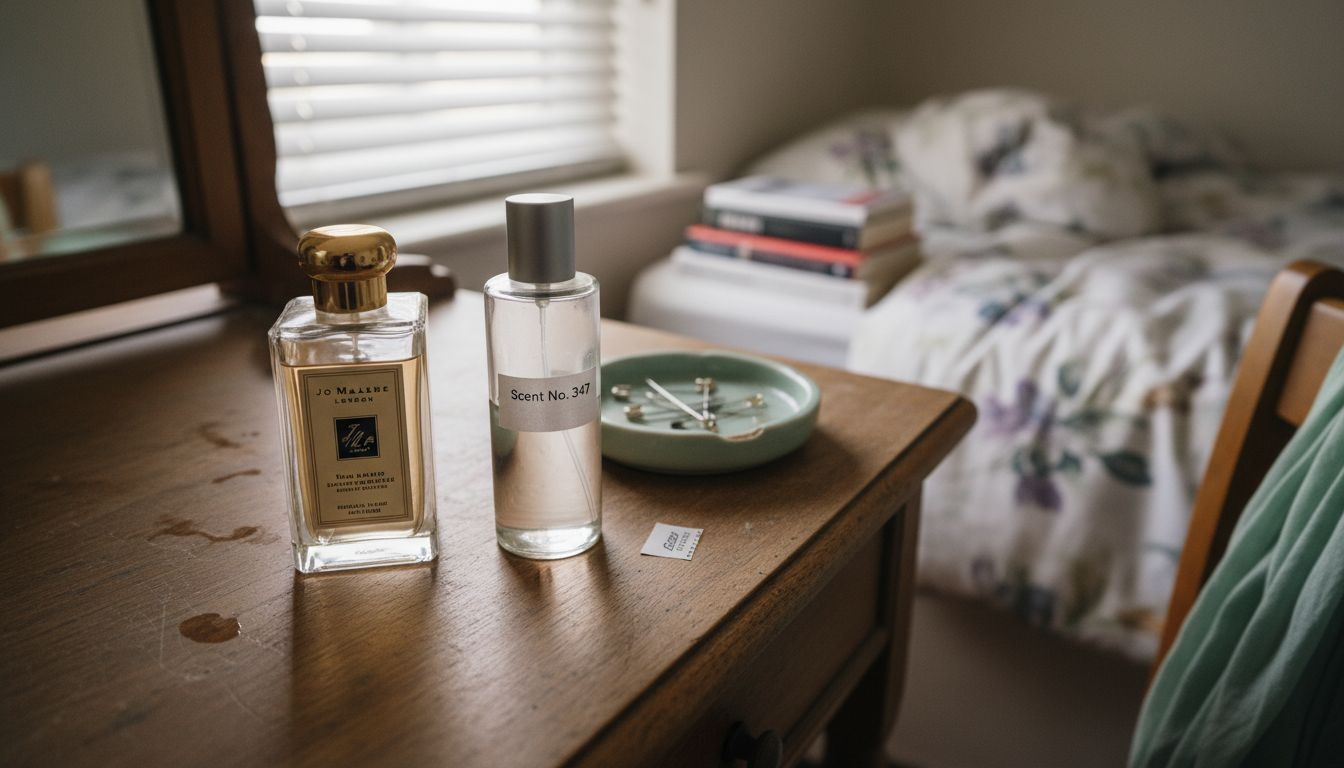 Luxury perfume and dupe bottles close up