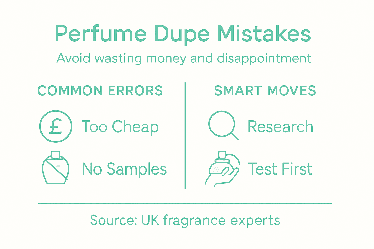 Infographic showing perfume dupe mistakes and tips