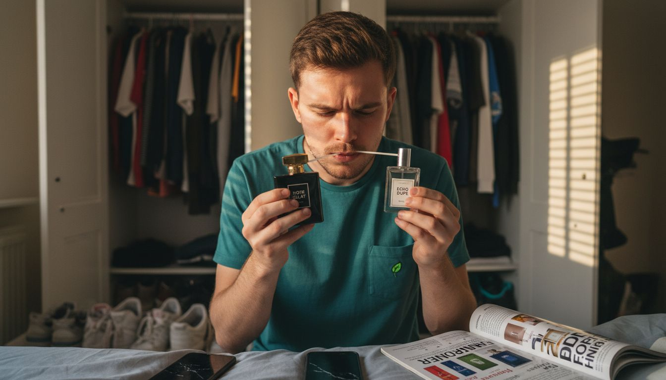 Comparing luxury and dupe perfume bottles